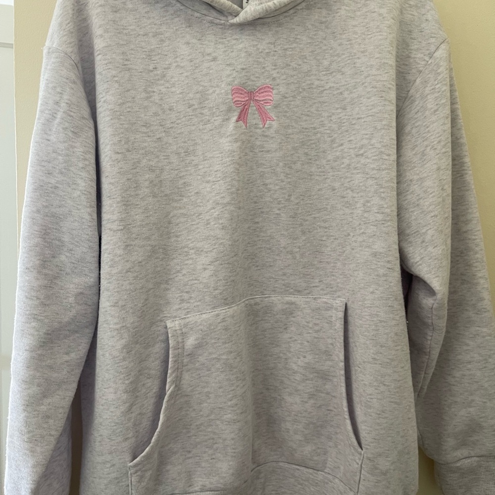 Cozy Gray Hoodie with Pink Bow Accent